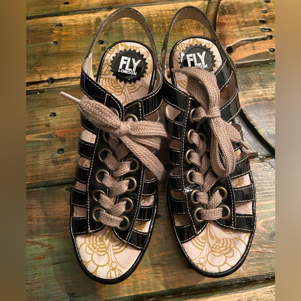 FLY London Multi-strap Lace Up Wedge Black Patent Yito Sandals - Picture 10 of 11
